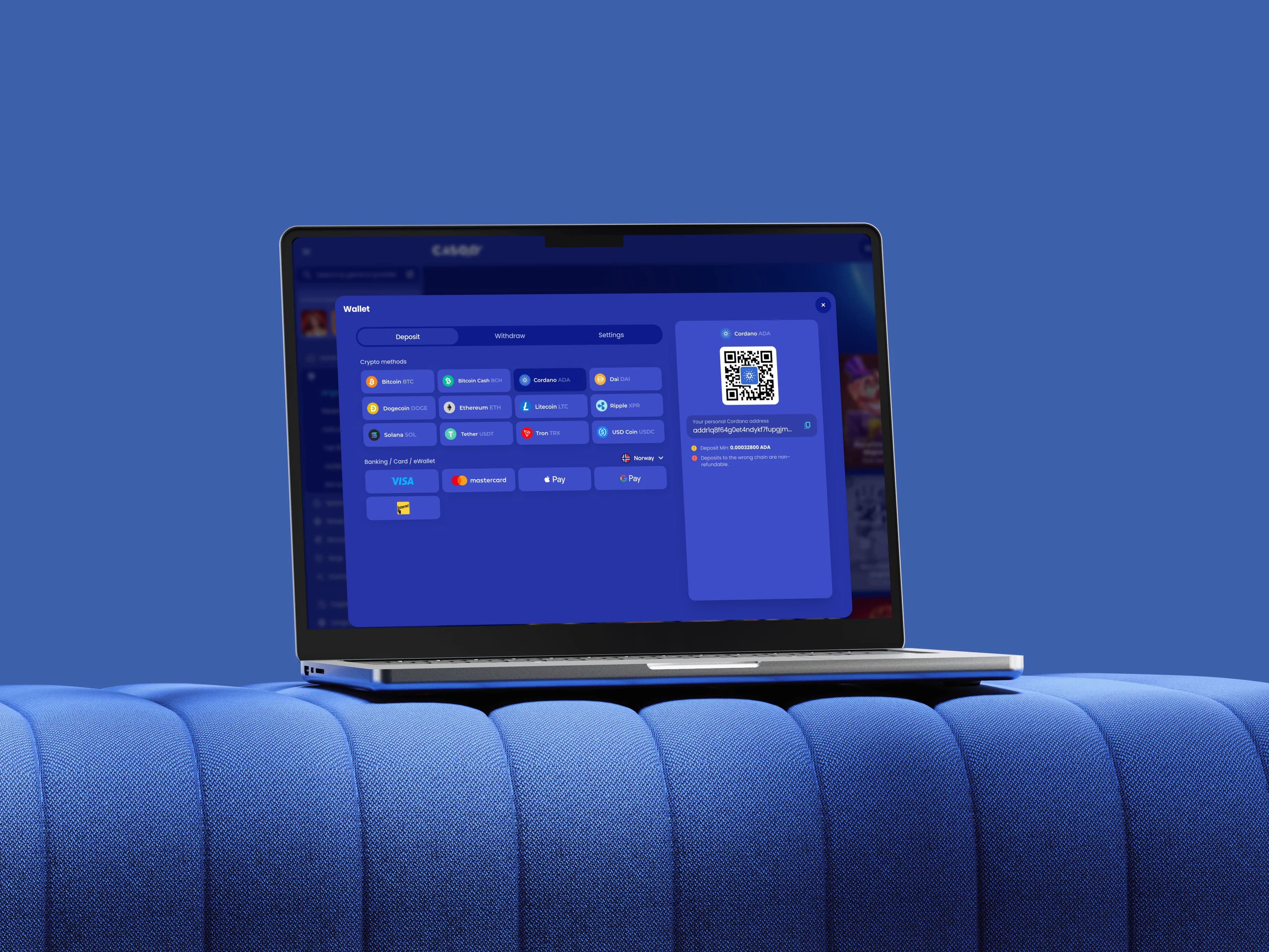 Casoo wallet deposit flow on a laptop