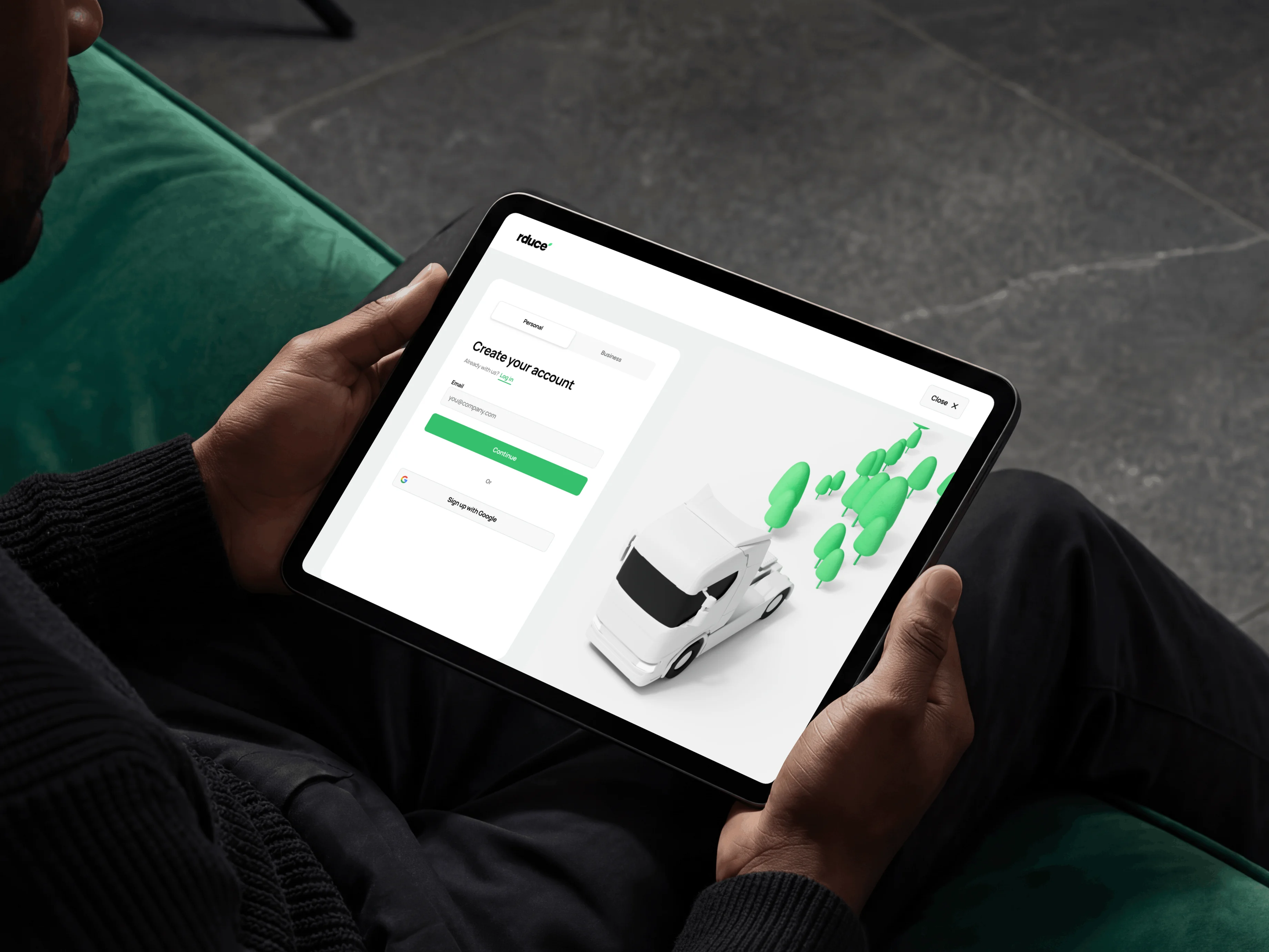 Rduce account creation flow on a tablet with fleet illustration